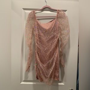 Pink sparkly ruched long sleeve party dress